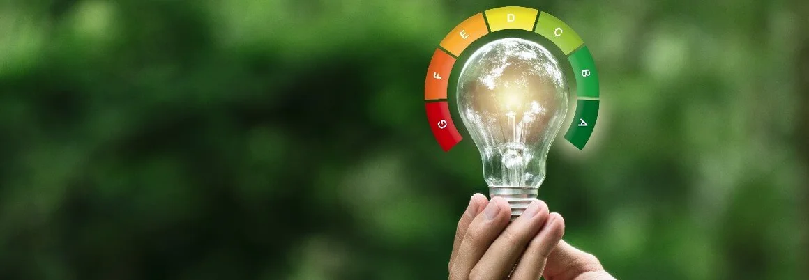 Hand hält Glühbirne mit Energieeffizienzklassen